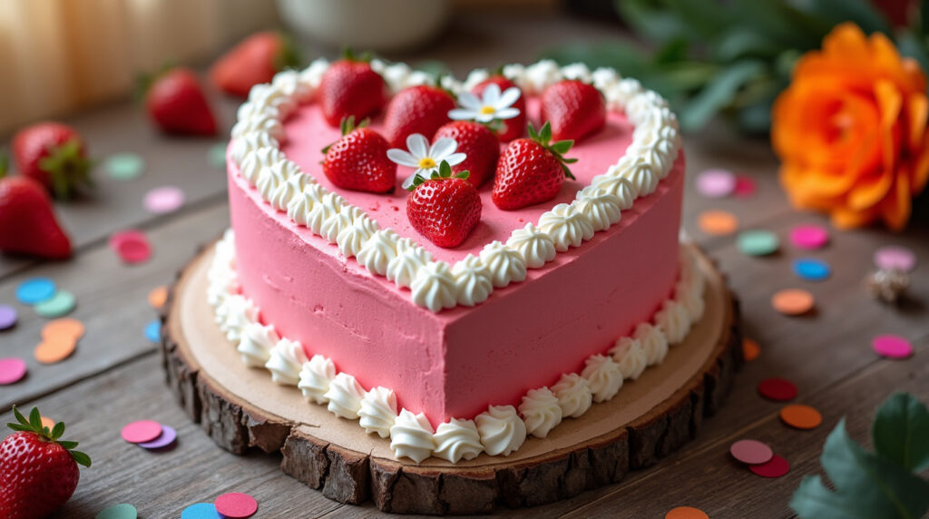 A heart-shaped layered cake with pink frosting and white cream accents, topped with fresh strawberries and small edible white flowers, placed on a rustic wooden table with festive decorations.