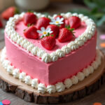 A heart-shaped layered cake with pink frosting and white cream accents, topped with fresh strawberries and small edible white flowers, placed on a rustic wooden table with festive decorations.